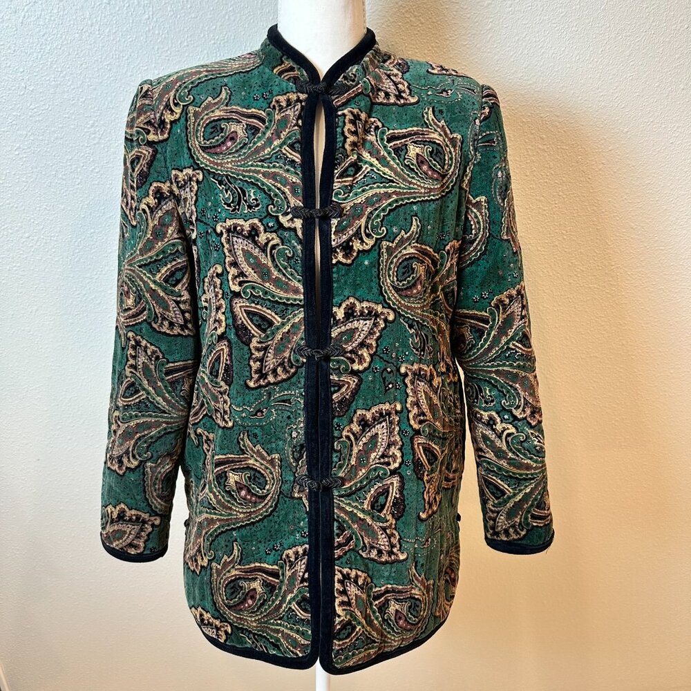 VTG Quilted Velvet Paisley Jacket Emerald Green Boho Frog Knot Art to Wear L